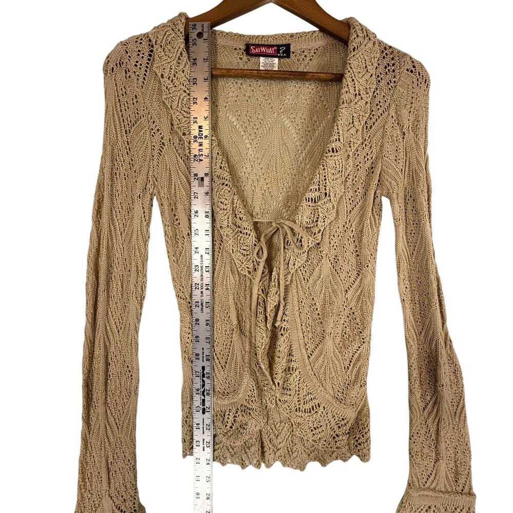 VTG Y2k Crochet Open Knit Tie Front Cardigan Wrapper SIZE MEDIUM Tan USA Ruffle - Picture 4 of 12